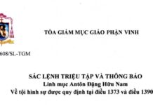 Tòa Giám mục GP. Vinh: Sắc lệnh triệu tập và thông báo với Linh mục Antôn Đặng Hữu Nam